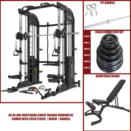 All-IN-ONE FUNCTIONAL SMITH TRAINER PREMIUM X6  COMBO WITH 245LB PLATES , BENCH AND BARBELL