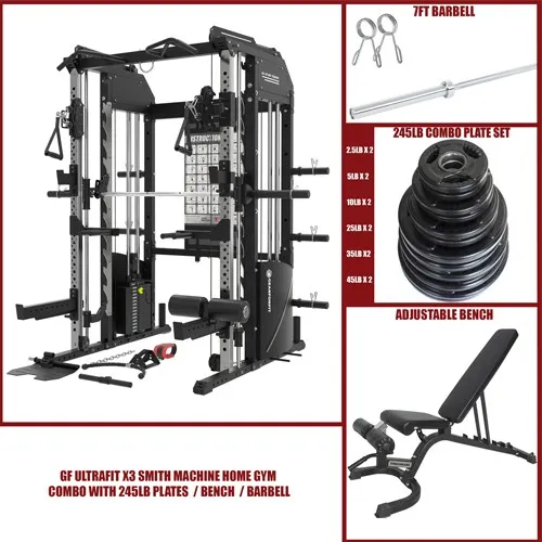 GF ULTRAFIT X3 SMITH MACHINE HOME GYM  COMBO WITH 245LB PLATES  BENCH  BARBELL